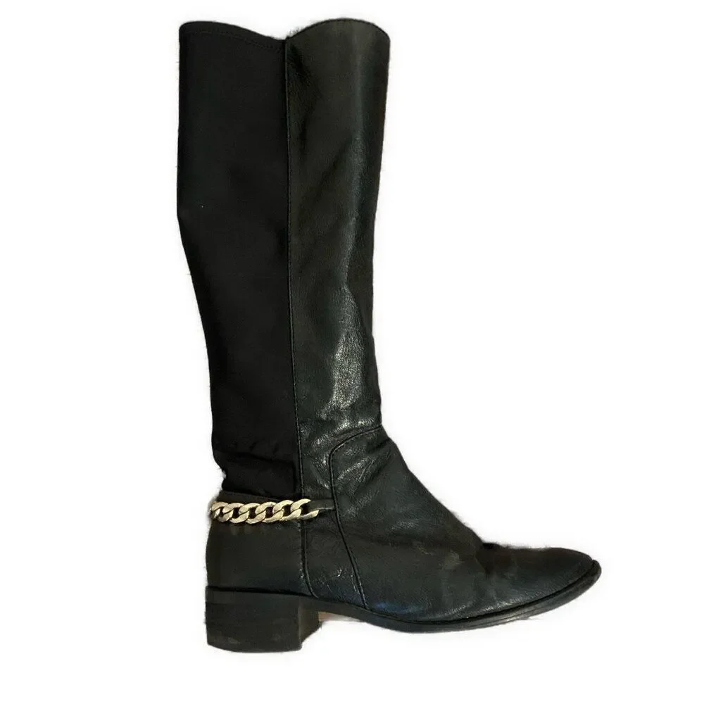 Steve Madden Lesli Solid Black Genuine Leather Chain Knee High Boots Low Heel 8